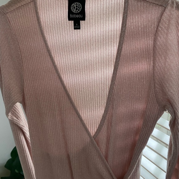 Balletcore Wrap Side Tie Long Sleeve Top | Bobeau Dusty Rose Pink Ribbed Sweater - Picture 7 of 16